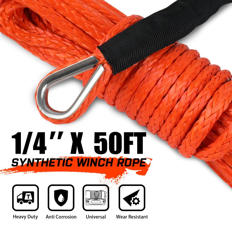 STEGODON 1/4â€™â€™ x 50ft Synthetic Winch Rope 10,000lbs Winch Line Cable with Black Protecting Sleeve for ATV UTV Boat Ramsey Synthetic Winch Rope(Orange) - Image 2
